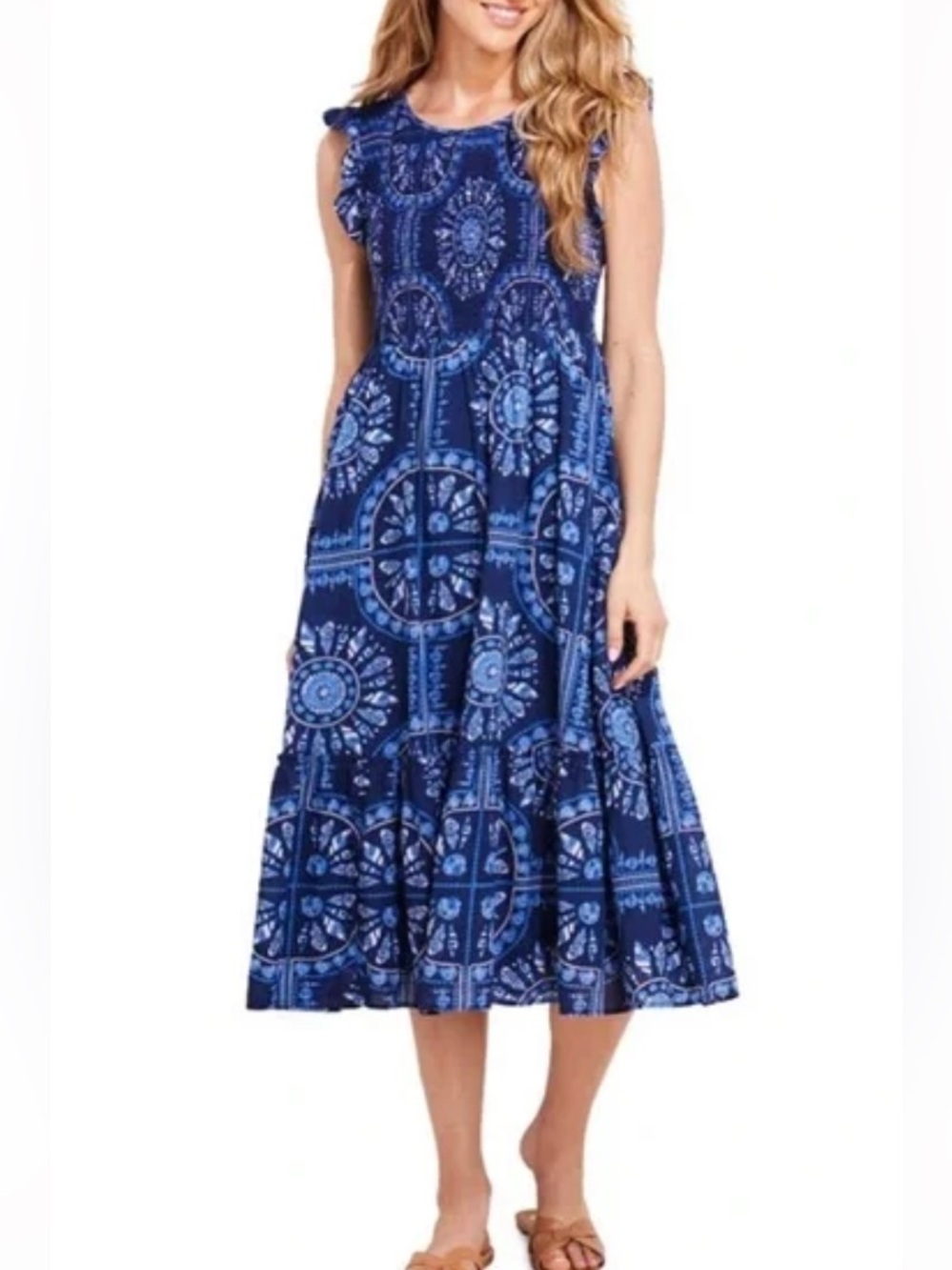 Vineyard Vines Blue Mosaic Scarf Print Smocked Midi Dress. Size M